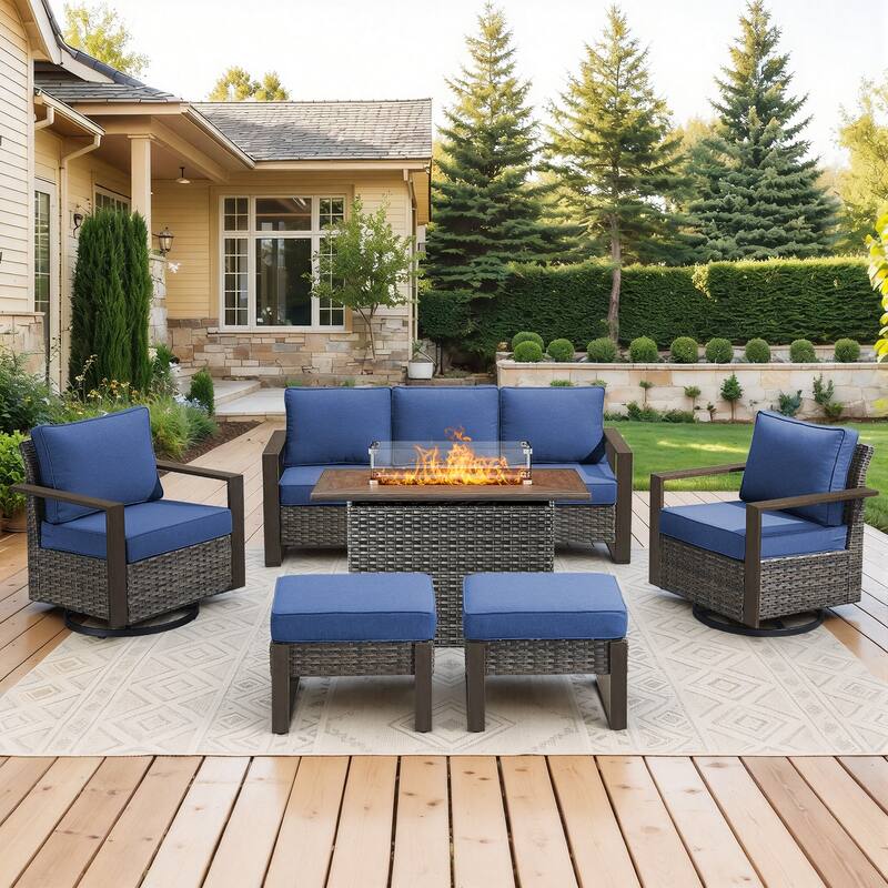 Meyreso Wicker Outdoor Patio Fire Pit Set with Swivel Gliders & 4.5" Olefin Cushions