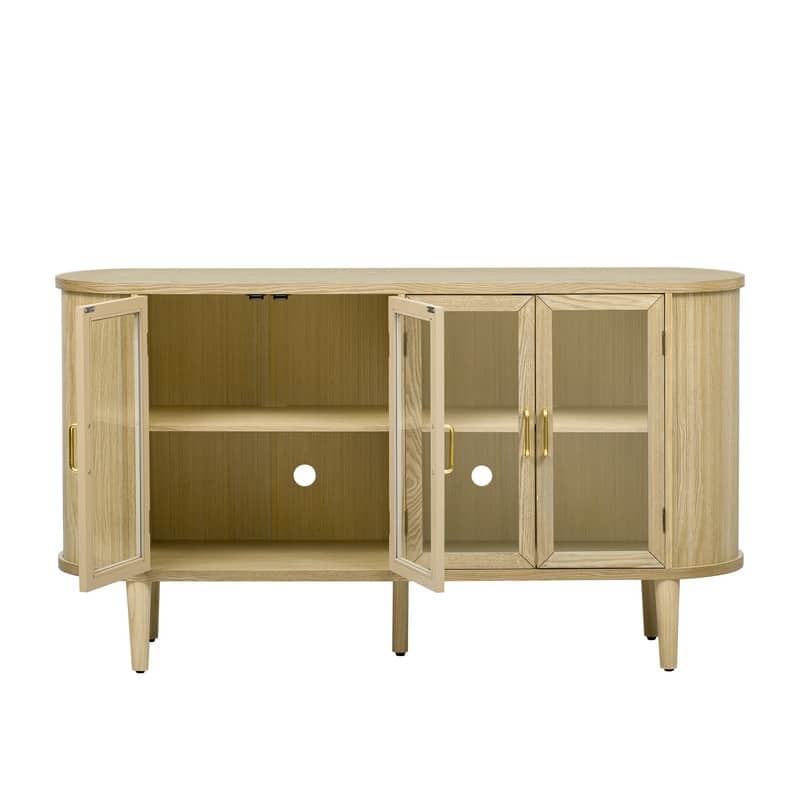 Wooden Farmhouse-Style Sideboard Buffet Cabinet with Glass Doors and Adjustable Shelves for Kitchen, Dining Room.