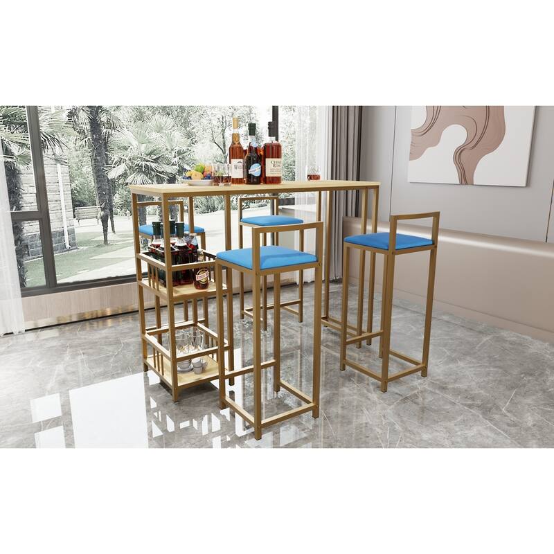 5 Piece Bar Table Set, Counter Height Kitchen Table Set, Metal Table and Chairs Set with 4 Upholstered Chairs & Storage Shelves