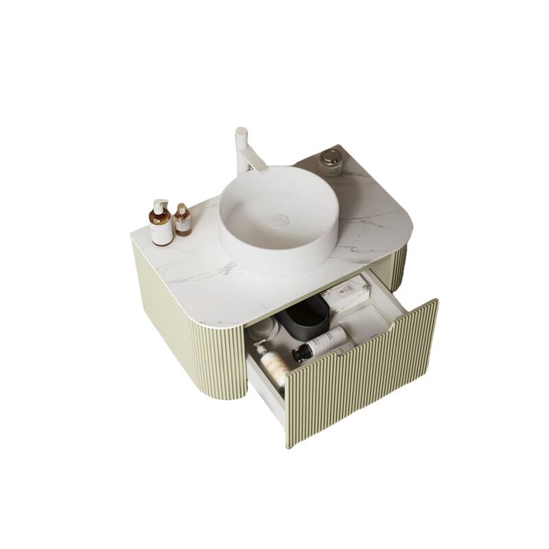 36-Inch Bathroom Vanity with Round White Ceramic Sink, Floating Wall-Mounted Storage Cabinet