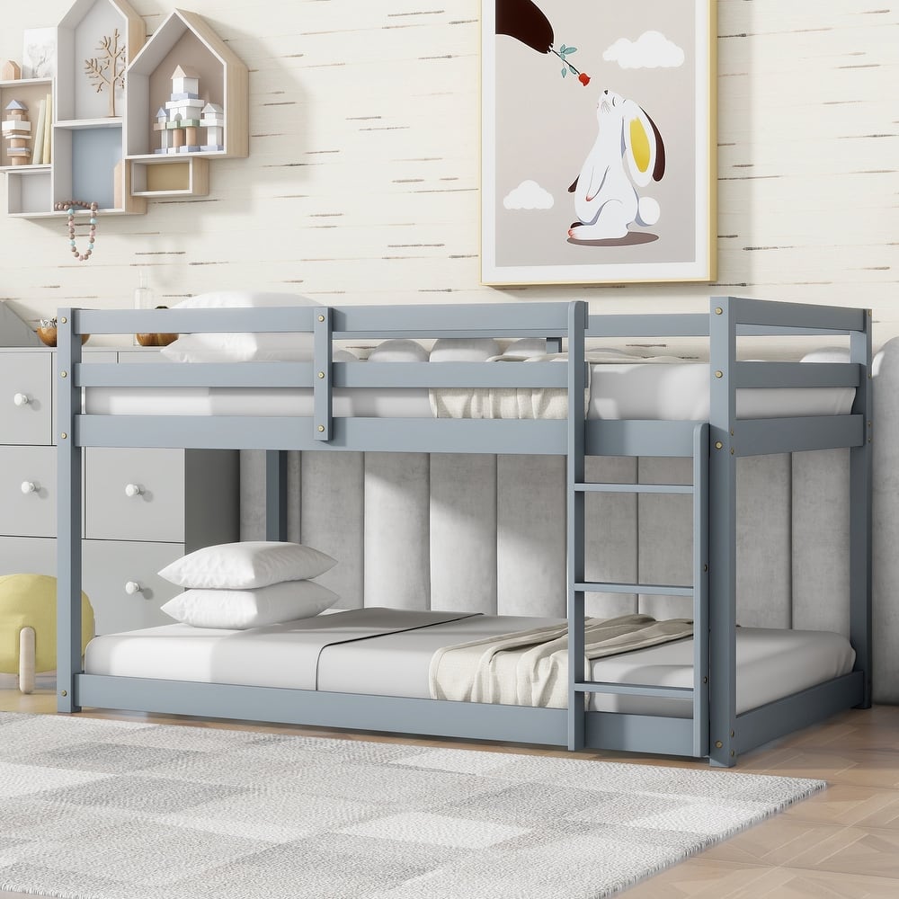 Low Loft Bed with Ladder, Solid Rubber Wooden Bed Frame for Multi Children, Floor Bed - Available with or without Slats