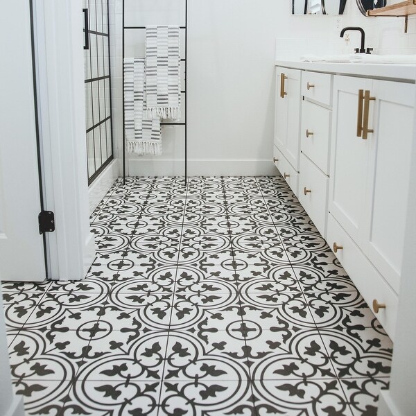 SomerTile Arte White Encaustic 9.75" x 9.75" Porcelain Floor and Wall Tile. Opens flyout.