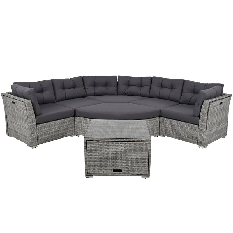 Roomfitters Outdoor Rattan Sectional Daybed Furniture Set with Cushions & Center Table for Patio