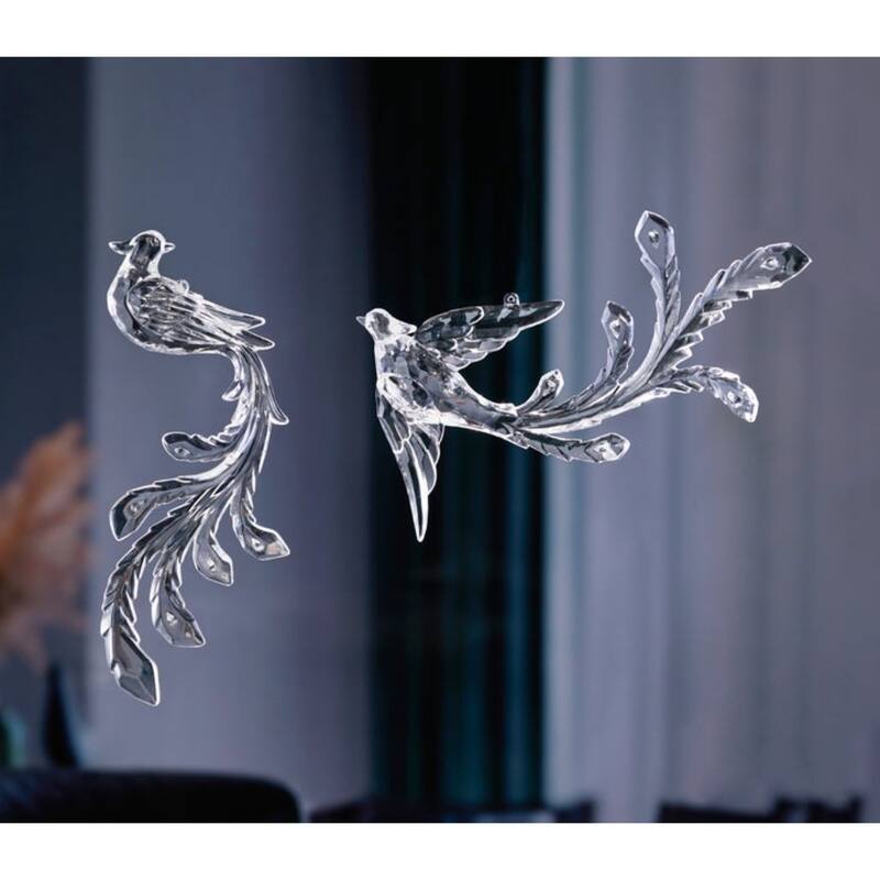 Diamond Cut Peacocks Hanging Christmas Ornaments 7.75" Clear Set of 2