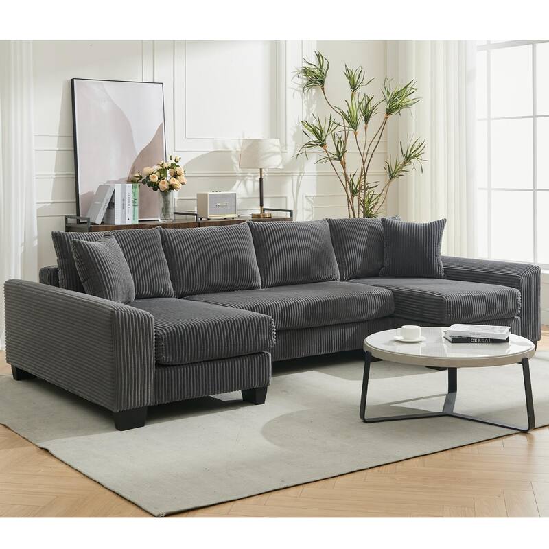 U Shaped Sofa Convertible Pull Out Sleeper Sofa Bed, 2 in 1 Recliner Sectional Couch, Corduroy Upholstery Daybed with Pillow