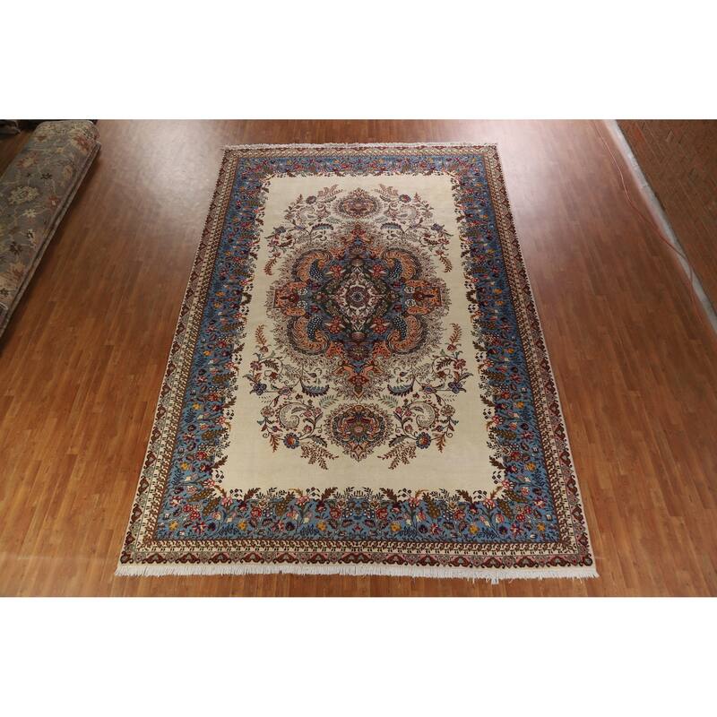 Hand Knotted Oriental 100% Wool Carpet Traditional Floral Beige & Ivories Tabriz Area Rug - 15' 2'' X 10' 1''