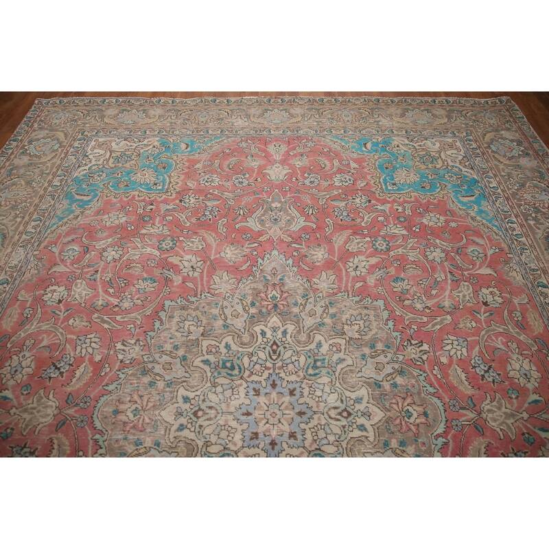 Hand Knotted Oriental 100% Wool Carpet Traditional Floral Pink Mashad Area Rug - 12' 9'' X 9' 4''