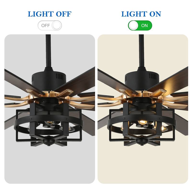 65" Large Wood Blade Ceiling Fan, 8 Blades and 3 Lights, Quiet DC Motor with Remote for Living Room