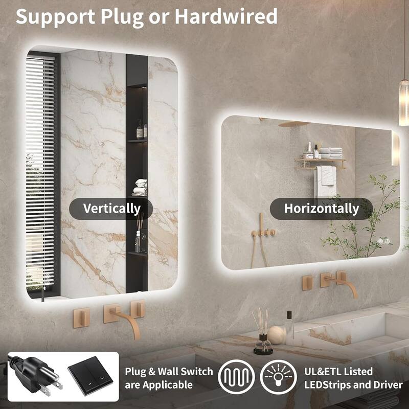Rectangular Backlit Mirror Bathroom with LED strips, 24"x36"