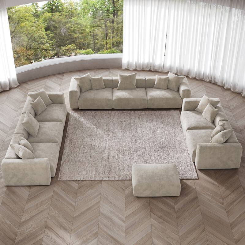 Modern 3-piece Sofa Set with Chaise Ottoman,Corduroy Modular Sectional Couch For Living Room - Beige