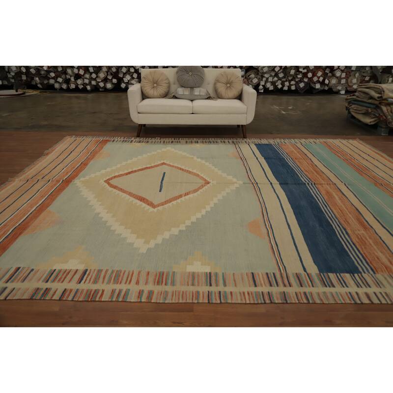 Hand Woven Oriental 100% Wool Carpet Southwestern Tribal Beige & Ivories Kilim Area Rug - 12' 10'' X 9' 10''
