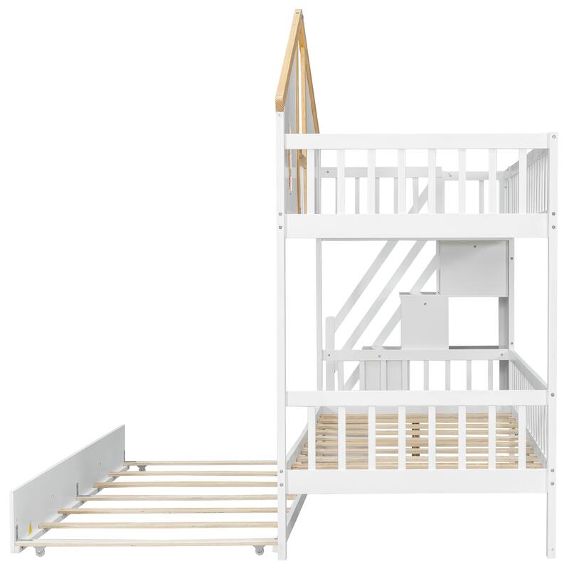 Fairytale Bunk Bed with Window Door House-shaped Roof Frame and Storage Staircase, Optional with Storage Drawers or Trundle Bed