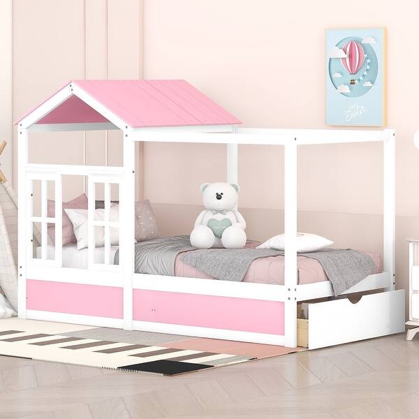 slide 2 of 9, Treehouse Style House Roof Bunk Bed with Storage Staircase and Shelves - Solid Wood Slats Support (Twin over Full Size) Pink