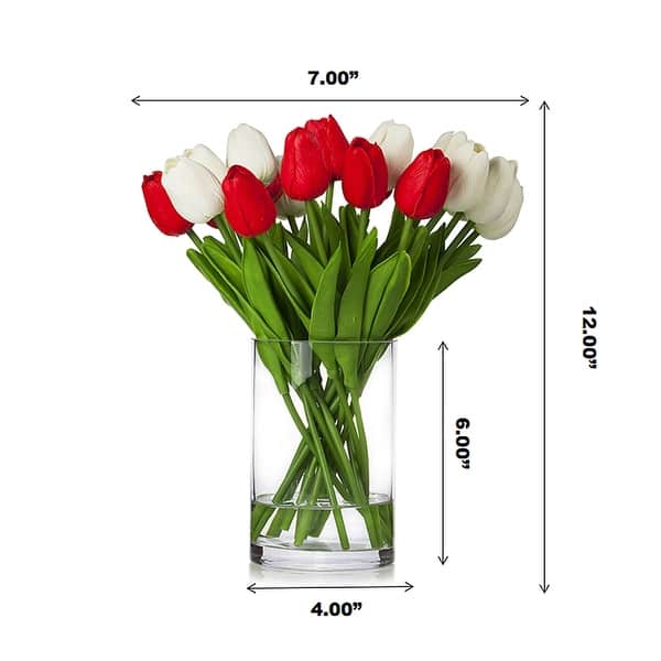 dimension image slide 4 of 7, Enova Home 20 Pieces Artificial Real Touch Tulips Fake Silk Flowers Arrangement in Glass Vase with Faux Water for Home Decor