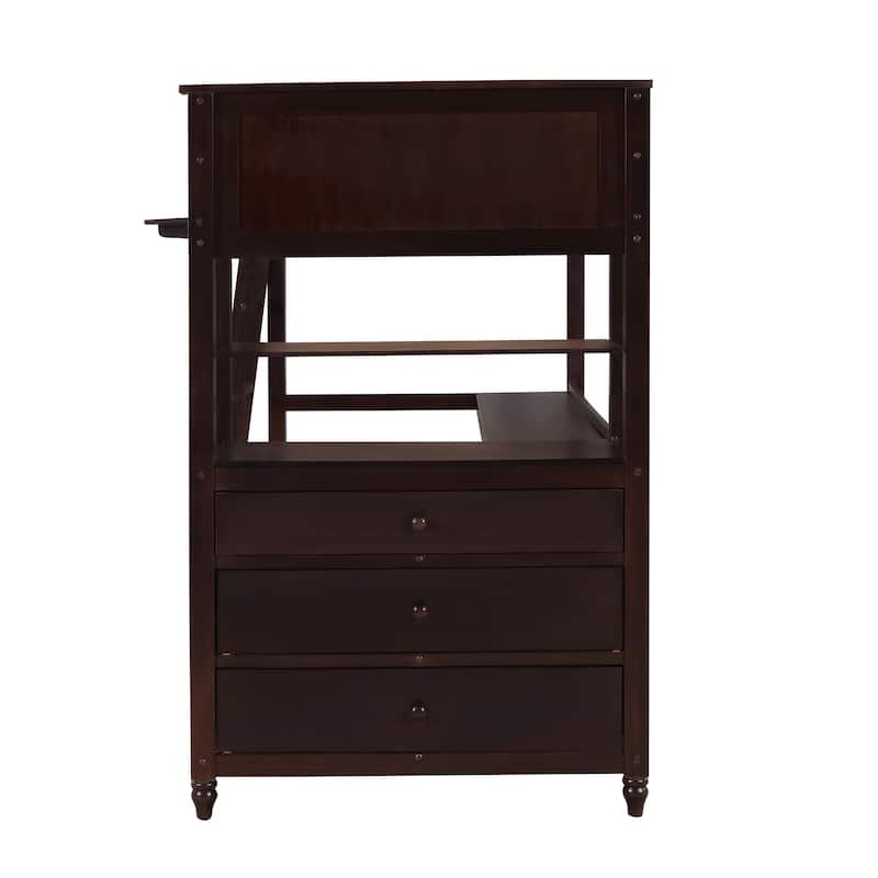 Twin Size Loft Bed Kids Bed Frame Wooden Storage Bed with Desk, Shelves, Pull-out Drawers, Ladder and Guardrail