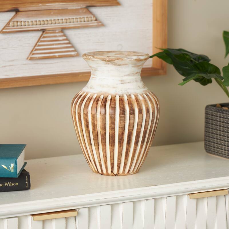 Brown Mango Wood Distressed Decorative Vase with Carved Grooves - Brown