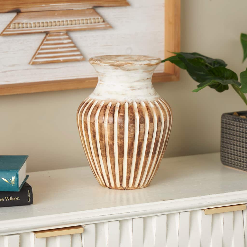 Brown Mango Wood Distressed Decorative Vase with Carved Grooves