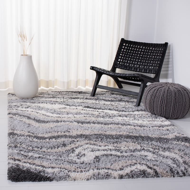 SAFAVIEH Fontana Shag Geanina Modern Abstract 2-inch Thick Rug - 6'7" x 9' - Grey/Ivory