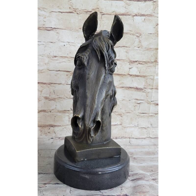 Signed Barye Unique Bronze Bust Horse Head Sculpture Marble Base Statue Figure