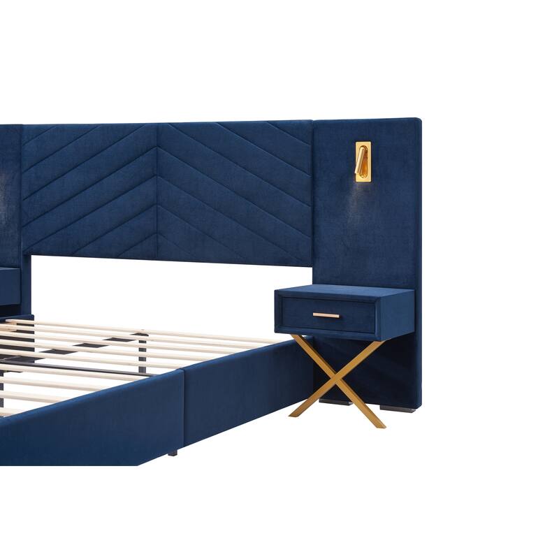 Queen Size Velvet Upholstered Bed Frame with Wingback Headboard, Wooden Slats, No Box Spring Needed