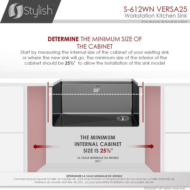STYLISH 25 inches Workstation Single Bowl Undermount 16 Gauge Stainless Steel Kitchen Sink with Built in Accessories Handmade