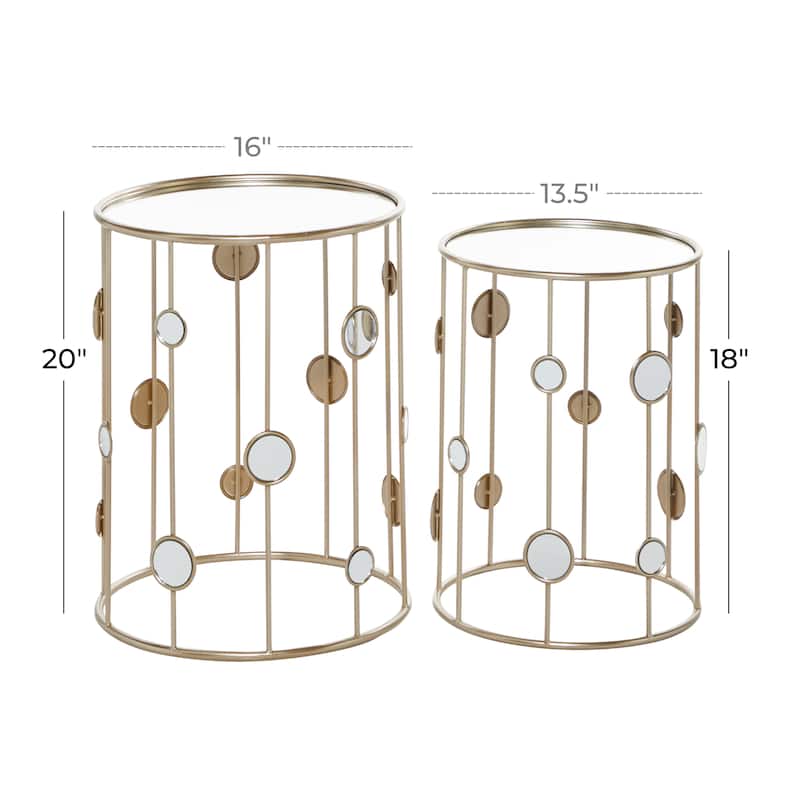 Metal Open Frame Accent Table with Mirrored Glass Top and Circular Accents - Set of 2 Gold - Roche River Decor - 13"Wx13"Lx18"H