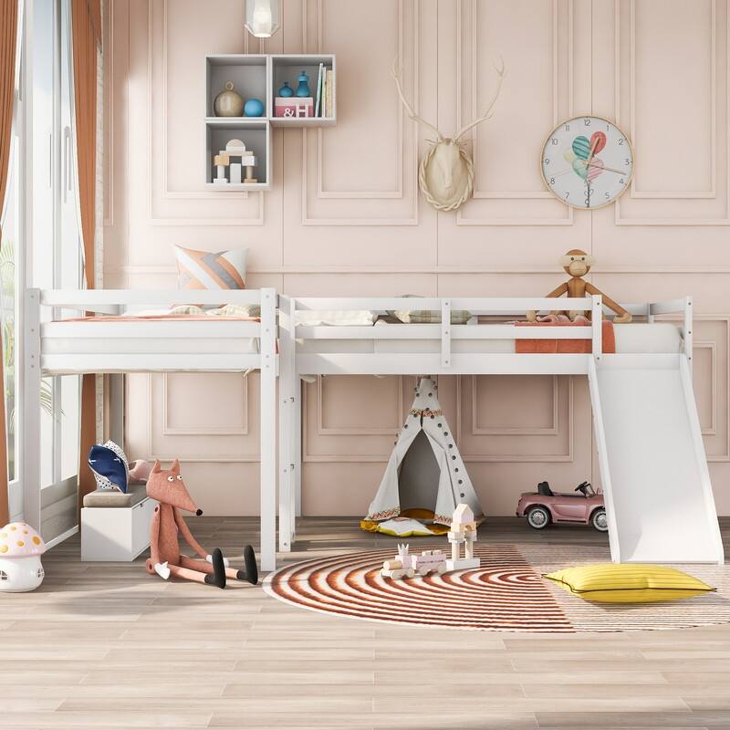 Wooden Twin Size L-Shaped Loft Bed with Ladder and Slide