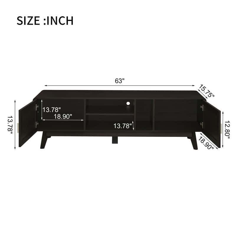 63'' Dark Rattan TV Stand with 2 Storage Cabinets for 65 Inch TV, Entertainment Center with Solid Wood Legs,Dark Brown
