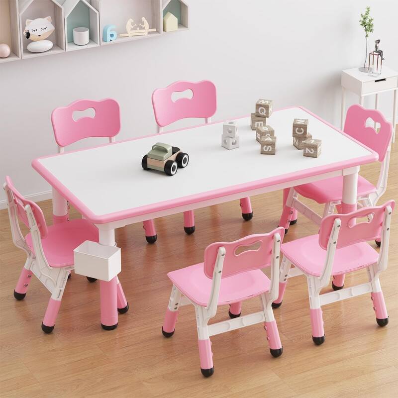Kids Table and 6 Chairs Set - Dark Pink