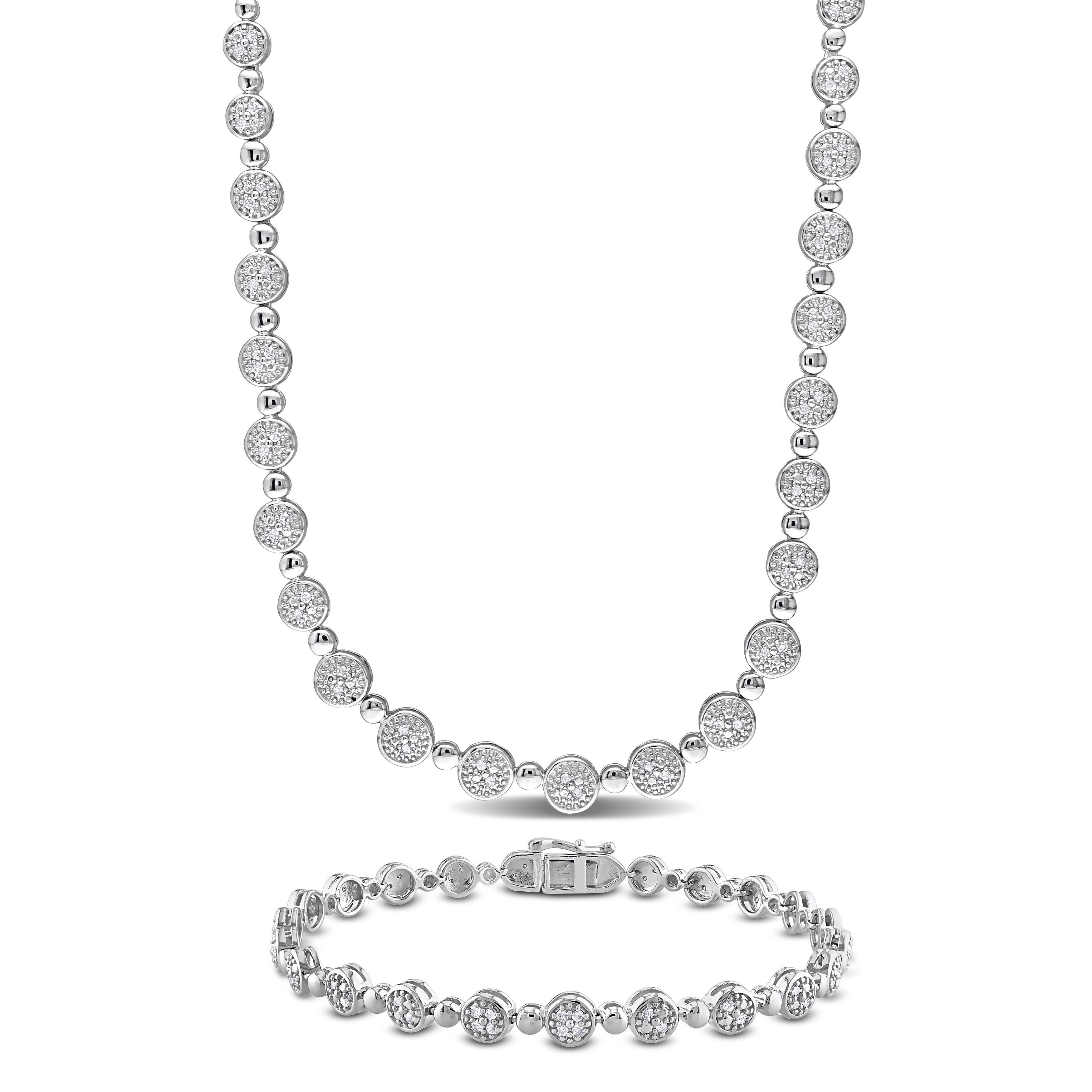 Miadora 1ct TDW Diamond Tennis Bracelet Necklace Set Sterling Silver