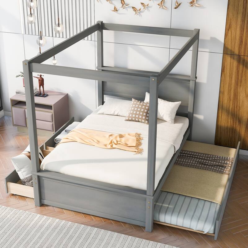 Canopy Platform Bed with Trundle and 2 Drawers, Support Slats