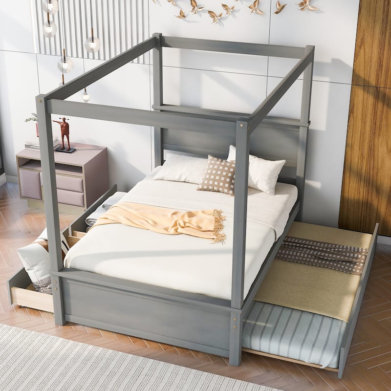 Wood Canopy Bed with Trundle Bed and two Drawers