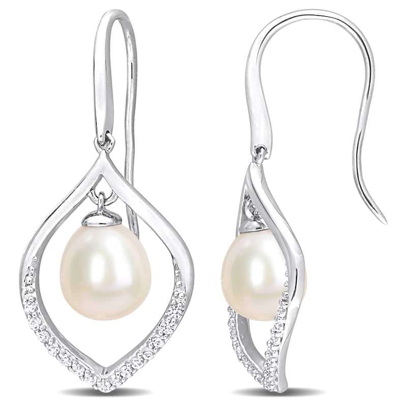 Miadora Cultured Freshwater Pearl 1/3ct TGW White Sapphire Hook Earrings Sterling Silver
