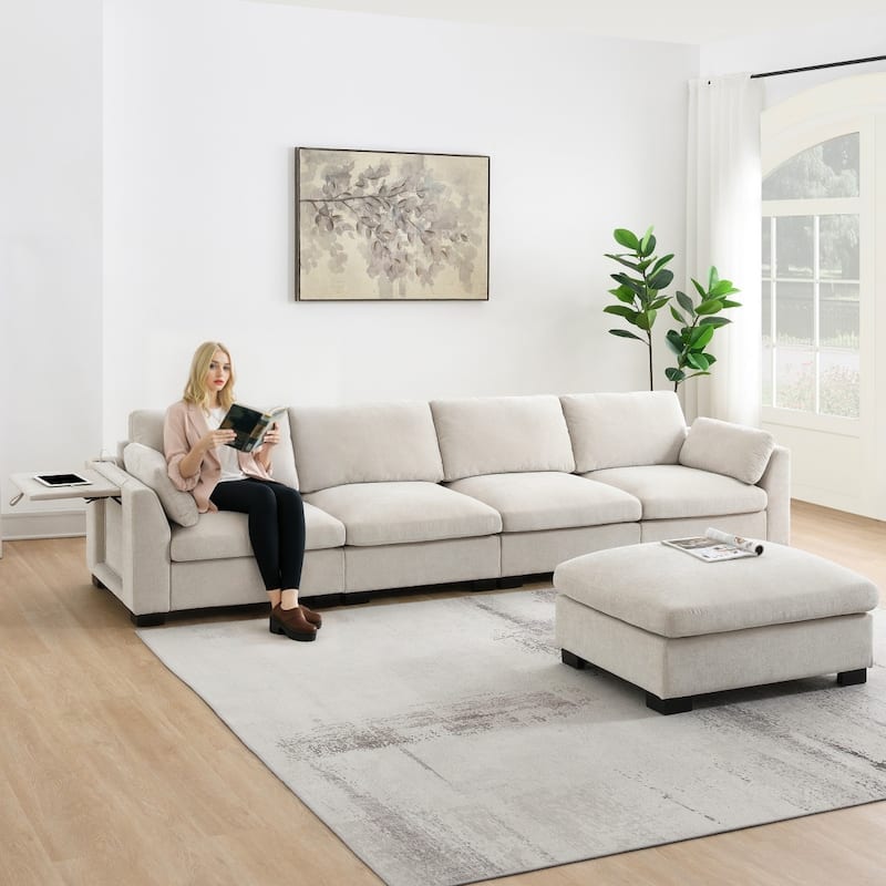 130" Modular Chenille L-Shaped Sectional Sofa with Folding Table and Dual-Port Charging, Ottoman - Beige