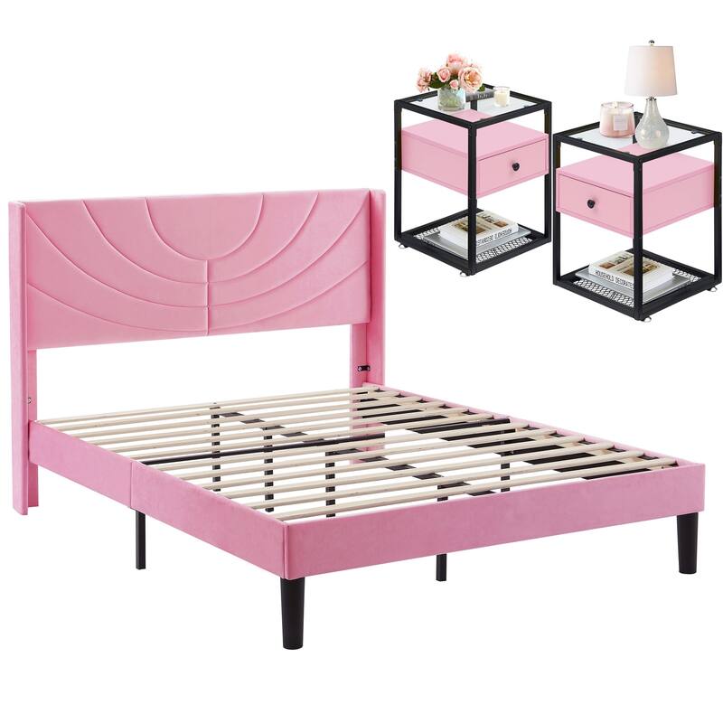 Bedroom Sets, 3-pieces Bedroom Set with Height Adjustable Upholstered Bed and Nightstands Set of 2-VECELO, 15 Style Options