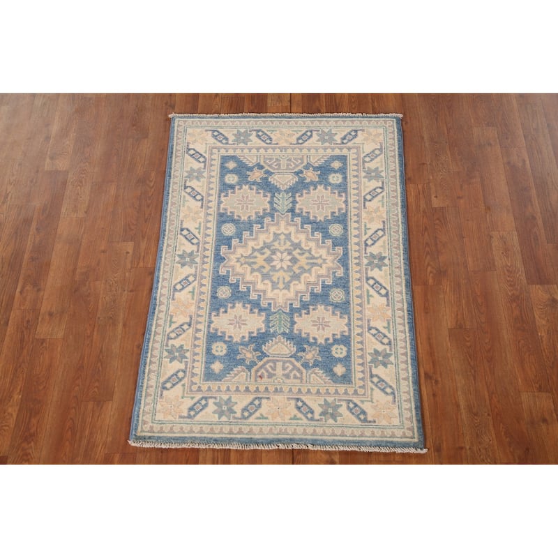 Blue Geometric Kazak Accent Rug Handmade Oriental Wool Carpet - 2'7"x 4'0"