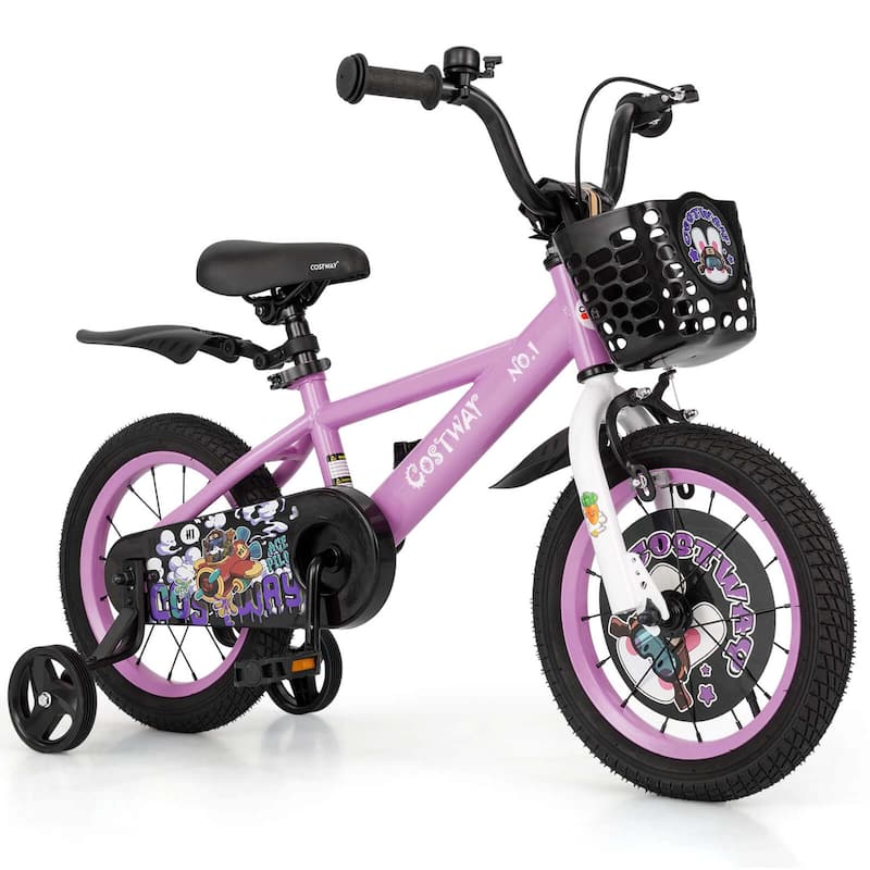 14'' Child Bike Kids Bicycle w/ Adjustable Height &Training Wheels - Purple