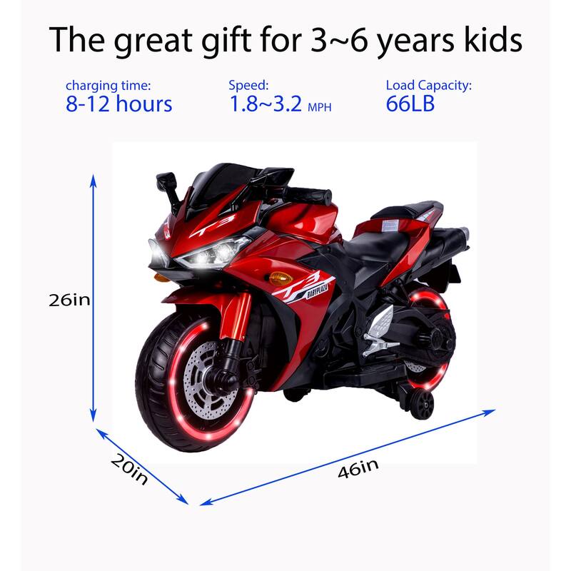 Christmas Gift 12V Ride-On Motorcycle for Kids, Manual Throttle, Training Wheels - Red