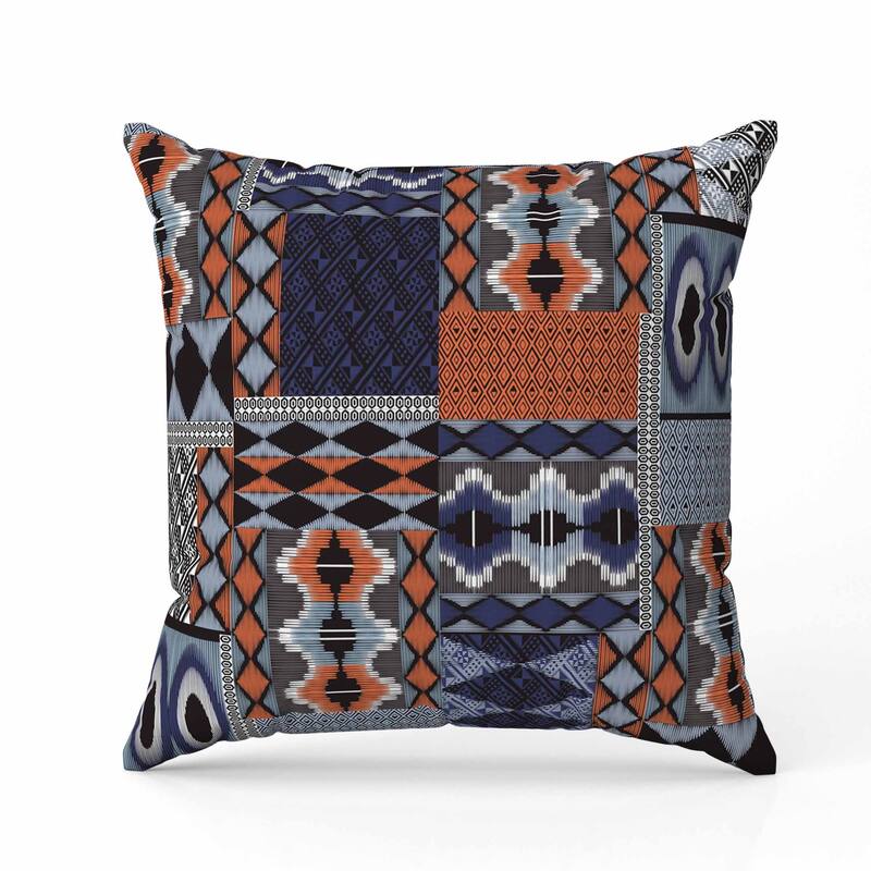 Patched Perfection Indoor/Outdoor Reversible Throw Pillow Blue and Ochre