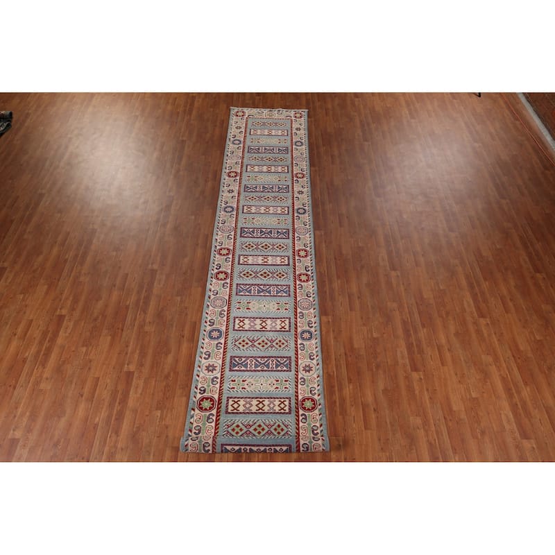 Geometric Blue Kazak Oriental Runner Rug Hand-Knotted Wool Carpet - 3'2" x 16'1"