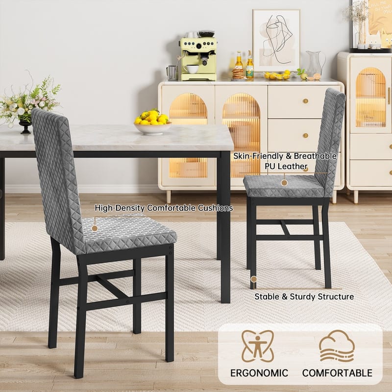 Grondin 5-Piece Dining Room Table Set with Faux Marble Table Top and Diamond Stitching Velvet Upholstery Dining Chairs