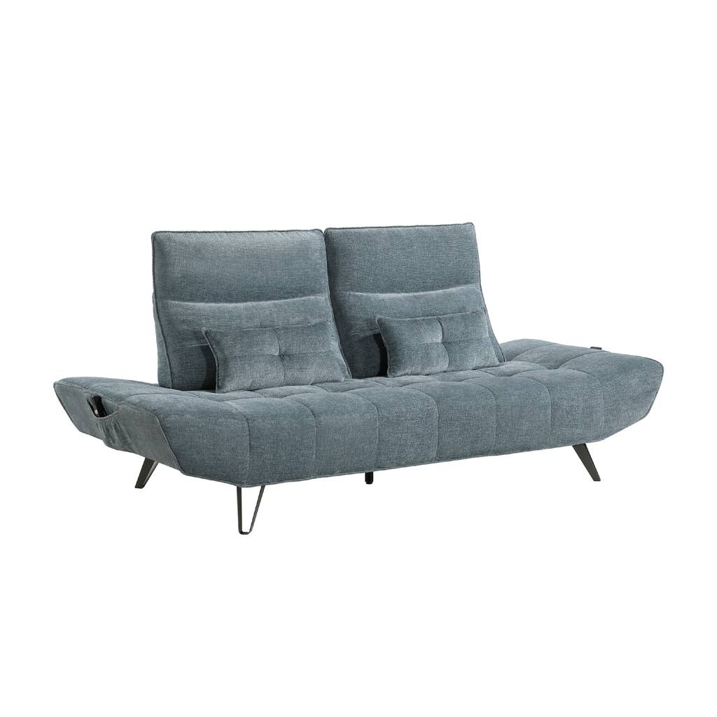 Kyan Adjustable Depth Power Reclining Sofa, 2 Pillows, Blue Chenille