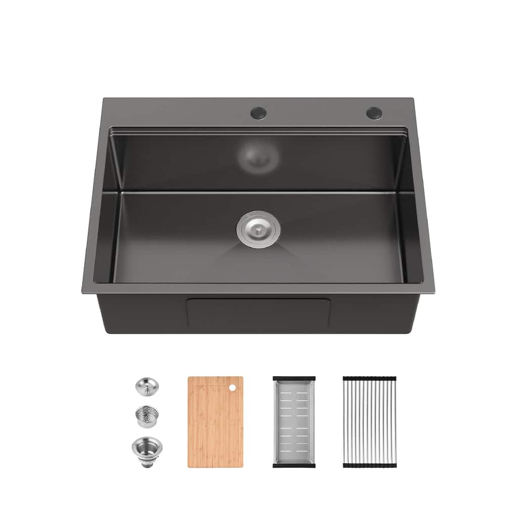 Stainless Steel Kitchen Sink, 30″x22″ Single Bowl, Overmount Handmade Sink in Black, with Cutting Board, Colander