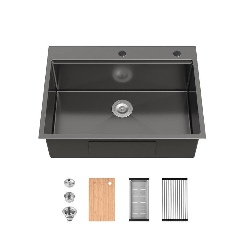 Stainless Steel Kitchen Sink Single Bowl with Cutting Board, Colander