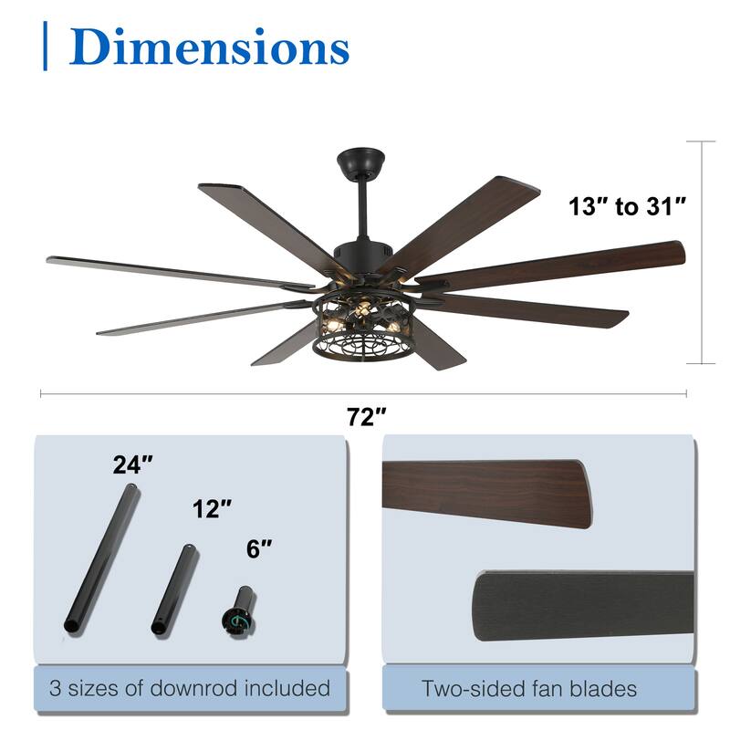 72" Antique Large Ceiling Fan with Light Kit, 8 Wood Blades Ceiling Fan, Quiet DC Motor 6 Speed w/ Remote for Living Room
