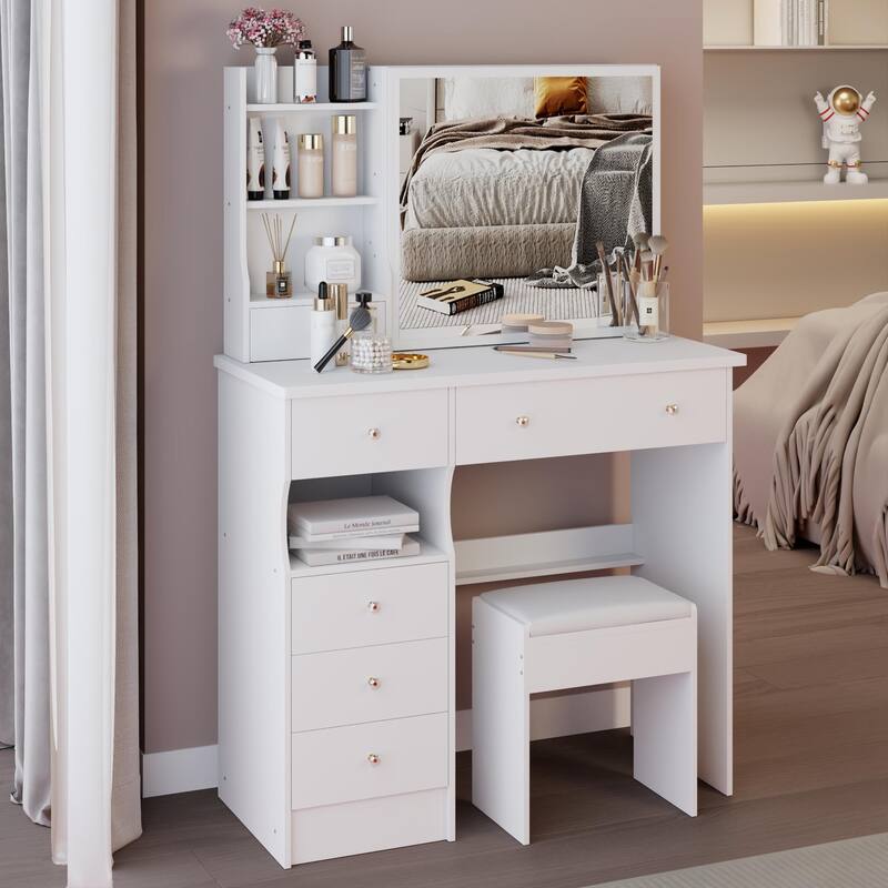 37" Middle Size Left Drawer Vanity Table + Cushioned Stool, Extra Large Right Sliding Mirror, Multi Layer High Capacity Storage