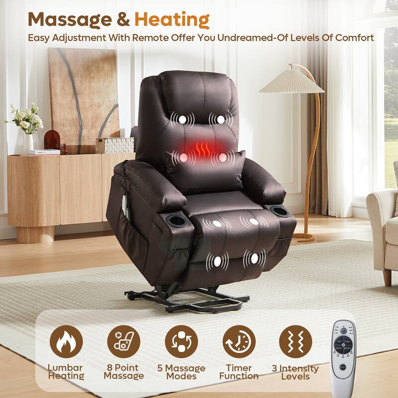 Bestier 34.6" Electric Power Lift Asist Recliner Chair with Massage and Heat,Fax Leather Reclining Chair with Side Pockets