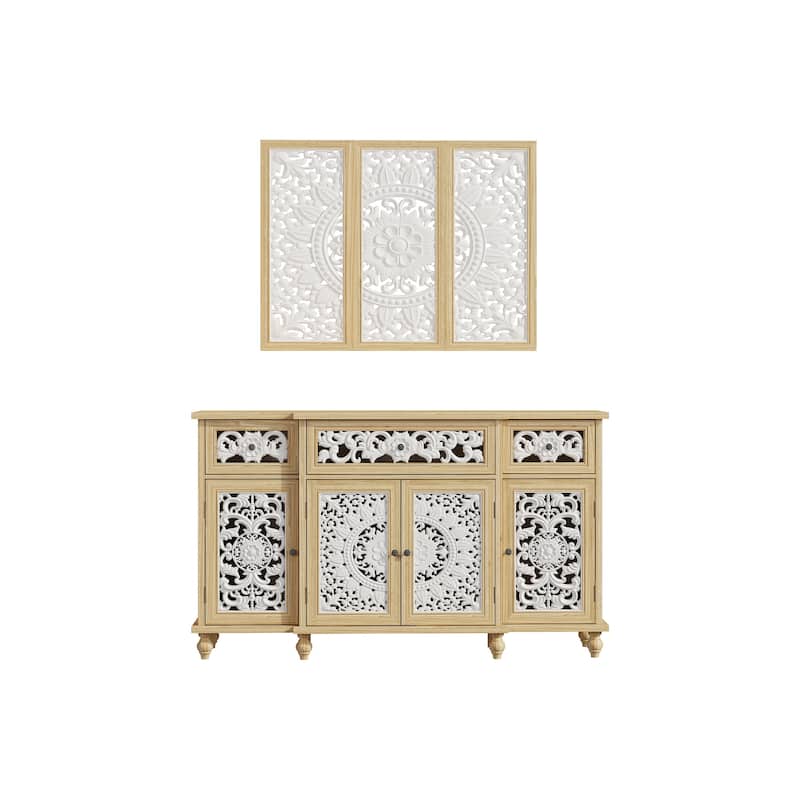 Booksheves Boho Entryway Display Cabinet w Wall Décor White Hollow Carved Panels Sideboard