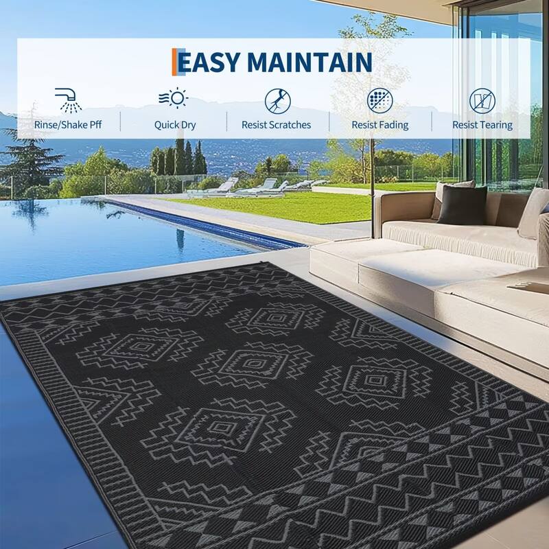 Outdoor Rug Waterproof Boho Geometric Patio Rug Mat Reversible Plastic Straw Rug Outside Outdoor Area Rug