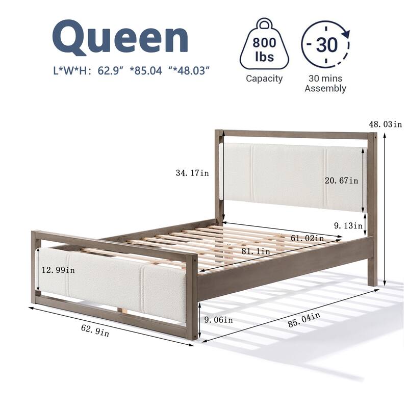 Queen/King Size Platform Bed, Solid Wood Bed Frame with Ivory Boucle Upholstered Headboard and Footboard, Wooden Slats Support